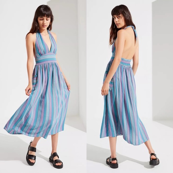 Urban Outfitters Dresses & Skirts - Urban Outfitters Betsey Linen Halter Open Back Striped Midi Dress